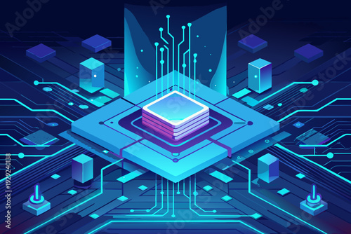 Central processing unit schematic shows glowing blue digital data flow across an abstract circuit board design in dark space.