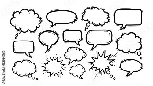 Doodle of Bubble Thoughts: A collection of various comic speech bubbles expressing thoughts and ideas. Capturing communication and conversation themes.