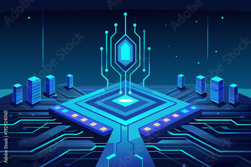 Digital interface showcases a central glowing core structure connected by illuminated pathways to surrounding rectangular server units.