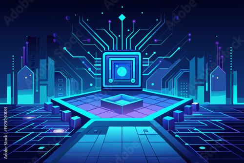 A large central processor sits elevated on a platform with digital city architecture receding into the dark background.