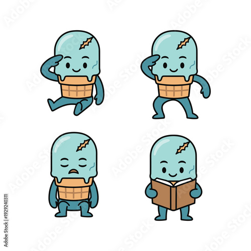 Cartoon water drop character set showing emotions and reading in various poses