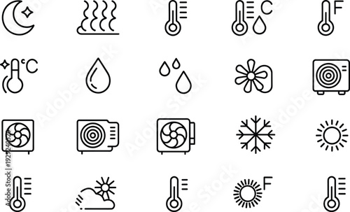 Weather and temperature symbols climate forecast weather, temperature, symbols, climate, forecast, thermometer, sun, moon, cloud, snowflake, fan, air conditioning, heat, cold, rain, droplet, celsius, 