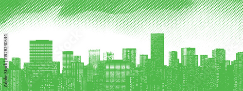 Green Urban Panorama: A modern cityscape rendered in a refreshing green hue, highlighting architectural marvels and the pulse of urban life. A vibrant portrayal of innovation and sustainable design.