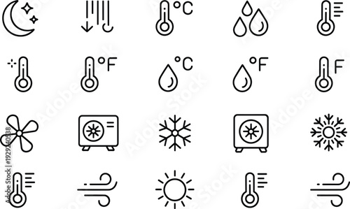 Weather and temperature symbols forecast climate weather, temperature, symbols, forecast, climate, thermometer, sun, moon, snowflake, raindrop, wind, air conditioning, heating, celsius, fahrenheit, li