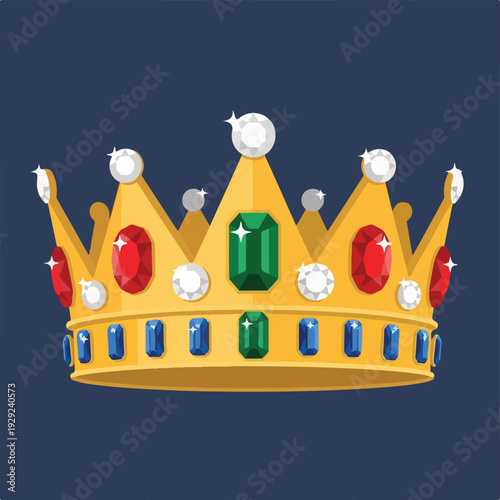 A regal golden crown with jewels and gems against a dark blue background