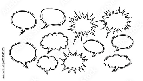 Chat Bubble Collection: A collection of various comic style speech bubbles, perfect for conveying thoughts, dialogue, and announcements. A versatile design asset for comics, presentations.
