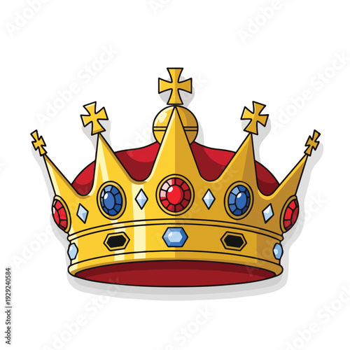 A regal golden crown with jewels and crosses, isolated on white