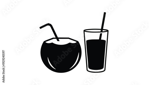 Vector illustration of black juice in apple and glass with straw