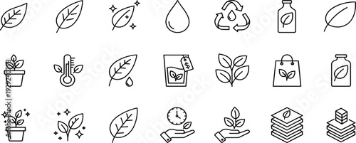 Eco Friendly and Zero Waste Line Icon Set with Recycling Organic Products Sustainable Packaging and Environmental Conservation Symbols