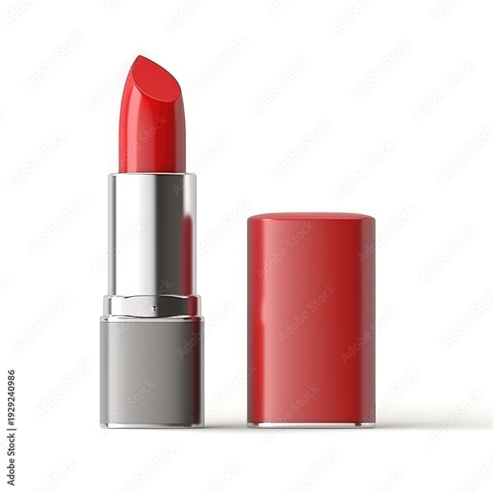 Obraz premium Minimalist red lipstick with metallic case isolated on clean white background