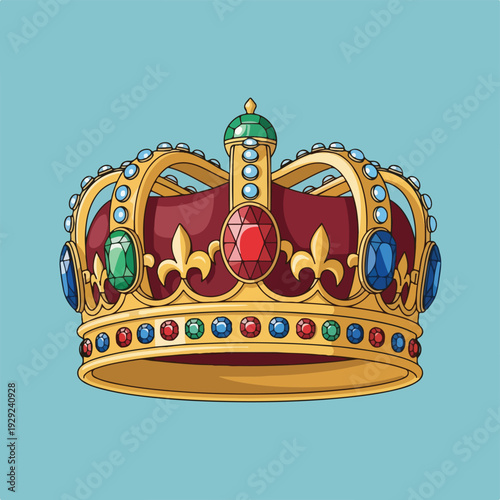 A regal, golden crown with precious gems and ruby-red inner fabric