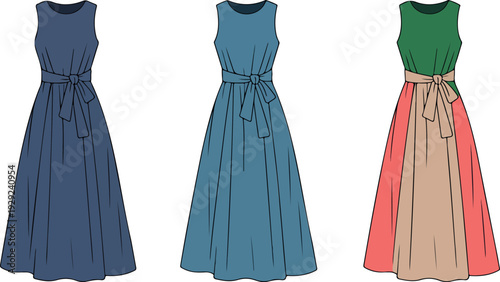 Minimal flat vector CAD illustration of elegant women’s sleeveless dresses in navy, teal, and multicolor with knot waist and draped flowy skirts