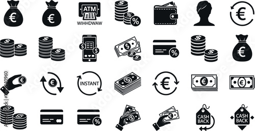 Finance and Banking Icon Set with Money Bag Coins ATM Credit Card Cash Currency Exchange and Payment Symbols Vector Collection