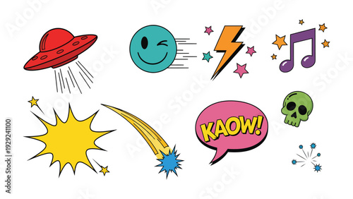 Colorful Comic Elements: A vibrant collection of pop art symbols, including a UFO, winking emoji, lightning bolt, musical note, star, explosion, shooting star, speech bubble and skull.