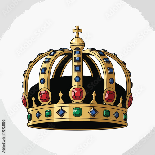 A regal illustration of a golden crown with jewels set in a circular design