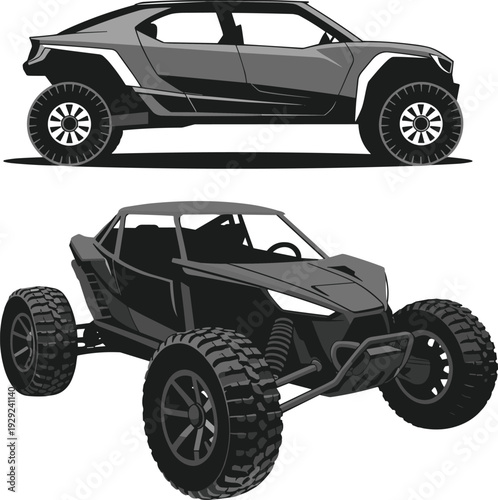 Off-road vehicle vector illustration set with futuristic SUV and dune buggy designs—ideal for automotive artwork, adventure branding, racing design and outdoor lifestyle projects