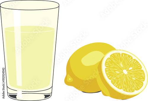 Fresh Lemon Juice Glass with Whole and Sliced Citrus Fruit Illustration Isolated on Light Background for Healthy Drink and Beverage Design