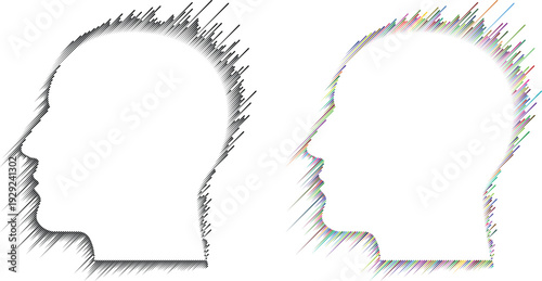 Abstract human head profile silhouette made of colorful diagonal lines. Artificial intelligence, psychology and creative mind concept vector graphic.
