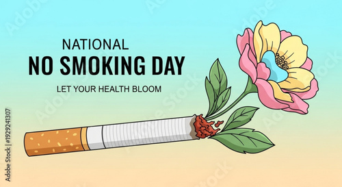 National no smoking day poster with cigarette and blooming flower promoting health awareness