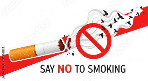 Smoking ban concept with cigarette and no sign on red background