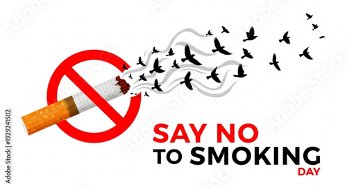 No smoking day awareness campaign with birds emerging from cigarette smoke and prohibition symbol