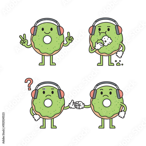 Cartoon Avocado Characters with Headphones Showing Various Emotions and Gestures