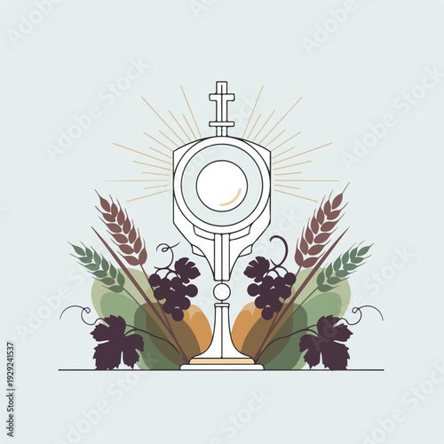 A religious symbol with grapes, wheat, and radiating light
