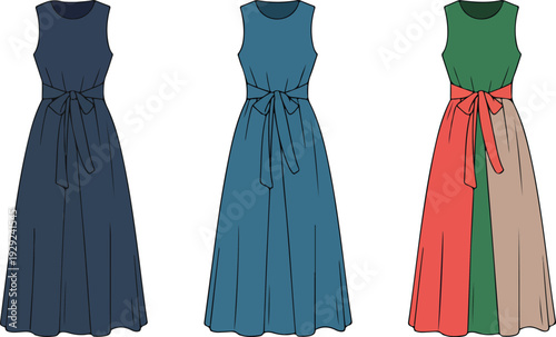 Smooth outline vector of elegant women’s dresses, flat fashion CAD template, sleeveless style, multicolor fabric, draped flowy skirts, knot waist feature
