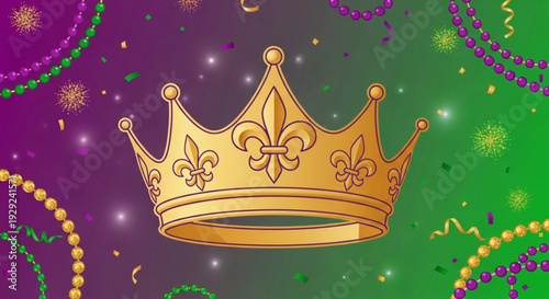 Golden crown with fleur de lis on purple and green mardi gras background with beads and confetti