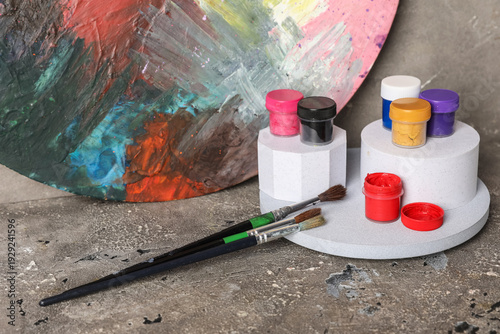 Palette, gouache paints and...