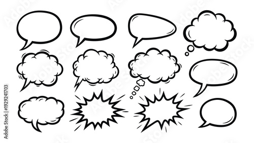 Comic Dialogue Clouds: A collection of blank speech bubbles, perfect for conveying thoughts, ideas, or dialogues. This image has been thoughtfully created to enhance your visual storytelling.