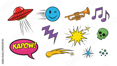 Comic Book Elements: A vibrant collection of comic book elements, showcasing a UFO, smiley face, musical notes, trumpet, skull, speech bubble and various action effects.