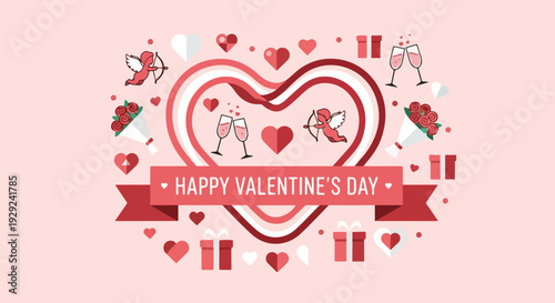A romantic flat illustration with hearts, Cupid, gifts and champagne glasses