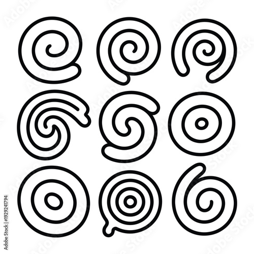 Whimsical Spirals: A collection of captivating spirals, each a unique expression of fluid design and artistic energy, set against a pristine backdrop. 