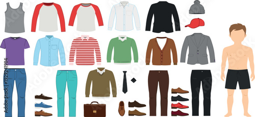 Men Clothing Collection with Casual Outfits, Jackets, Shirts, Pants, Shoes and Accessories Isolated Fashion Vector Set