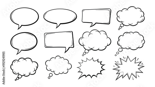 Dialogue Bubbles: A collection of various hand-drawn dialogue bubbles, perfect for conveying thoughts, conversations, and ideas in a creative and engaging way. 