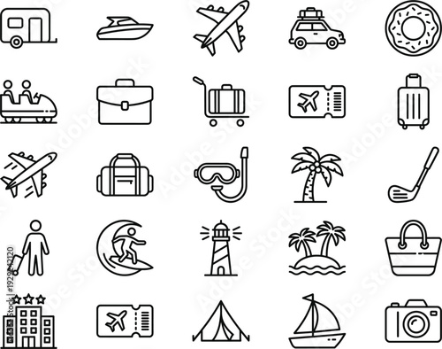Travel and Vacation Line Icon Set with Airplane Cruise Luggage Hotel Beach and Tourism Symbols