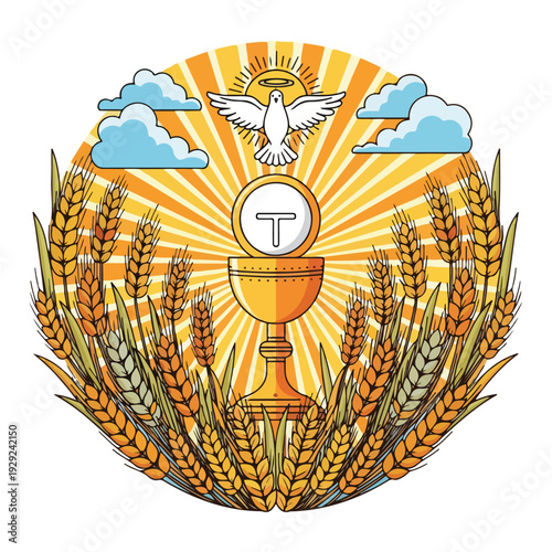 A round illustration with religious symbols and golden elements