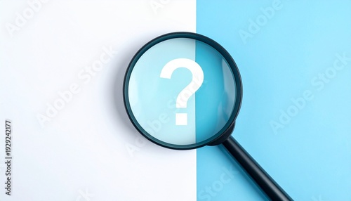 Black Magnifying Glass Focusing on a White Question Mark Symbolizing Analysis and Problem Solving on a Split Blue and White Background