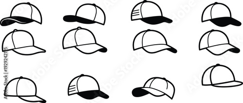 Baseball cap hat outline set front side perspective views fashion accessory vector illustration