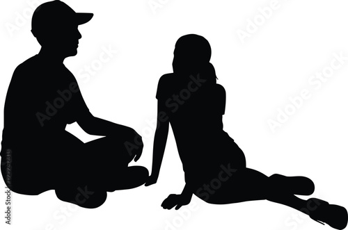 Couple silhouettes sitting together casual conversation friendship relationship relaxed people isolated black vector illustration