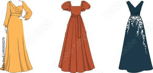 Minimal flat vector illustration of women in elegant vintage long sleeve evening gowns, retro formal dresses, classic style couture sketches