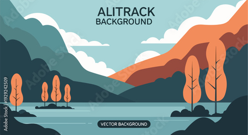 A serene landscape illustration featuring mountains, a lake, trees, and clouds, ideal for backgrounds