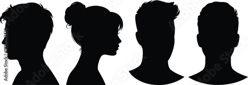 Male and female head silhouettes profile and front view set black avatar illustration vector