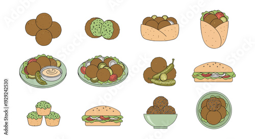Falafel Set Collection with Pita Wrap, Sandwich, Salad Plate and Middle Eastern Street Food Vector Illustration