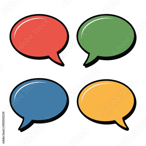 Dialogue Balloons: Four vibrant dialogue bubbles, each in a distinct hue, poised to convey thoughts and ideas in a visually striking display of communication.