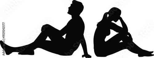 Sad couple silhouettes sitting back to back emotional conflict depression relationship problem isolated vector illustration