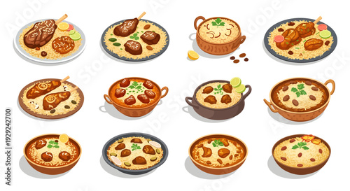 Middle Eastern and Indian Rice Dish Collection with Grilled Meat Biryani Mandi and Kabsa Illustration Set isolated on white background