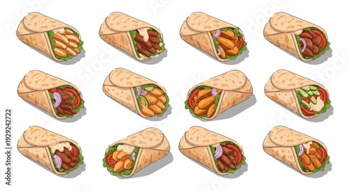 Set of Shawarma and Doner Kebab Wraps Illustration with Meat, Chicken, and Vegetables