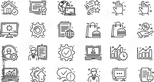 Smart Factory and Industry 4.0 Line Icon Set with Automation Robotics Production Analytics and Industrial Technology Symbols for Modern Manufacturing Design